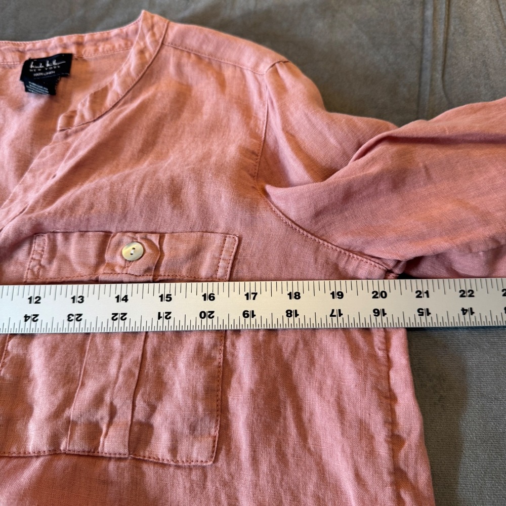 Nicole Miller Womens Linen Top S Pink Roll Tab Sleeve Utility Coastal Boho - Picture 6 of 8